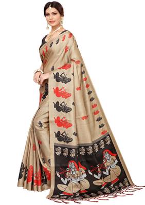 Beige printed khadi saree with blouse 2