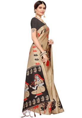 Beige printed khadi saree with blouse 3