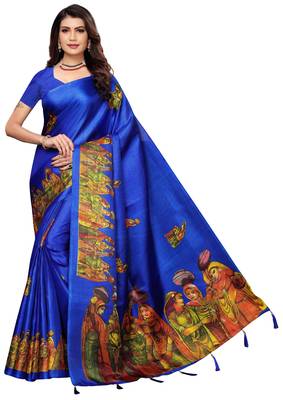 Blue printed khadi saree with blouse 1