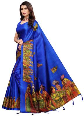 Blue printed khadi saree with blouse 2