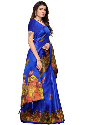 Blue printed khadi saree with blouse 3