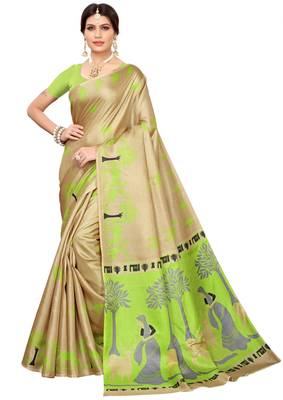 Cream printed khadi saree with blouse 1