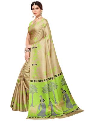 Cream printed khadi saree with blouse 2