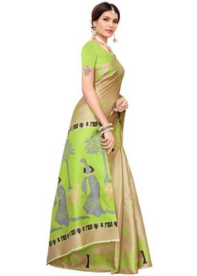 Cream printed khadi saree with blouse 3