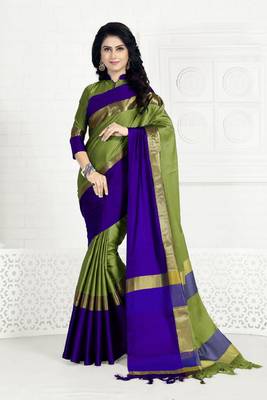 Mehendi hand woven cotton silk saree with blouse 1