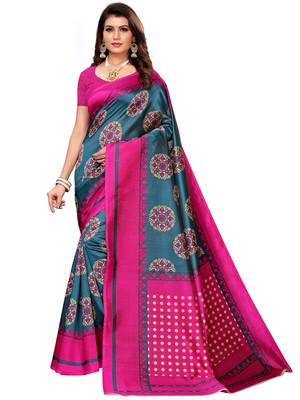 Pink printed art silk saree with blouse 1