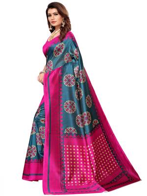 Pink printed art silk saree with blouse 2