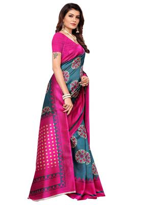 Pink printed art silk saree with blouse 3