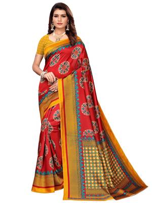 Red printed art silk saree with blouse 1