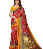 Red printed art silk saree with blouse