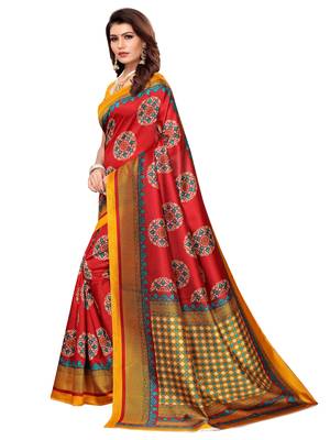 Red printed art silk saree with blouse 2