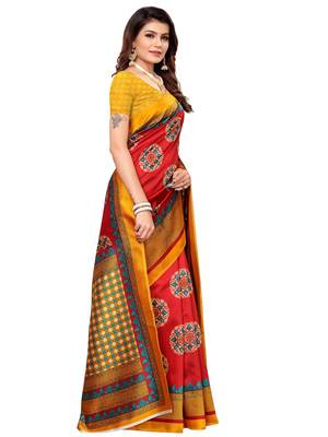 Red printed art silk saree with blouse 3