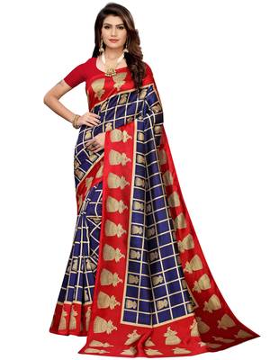 Red printed art silk saree with blouse 1