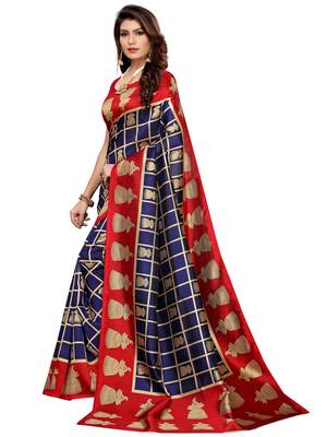 Red printed art silk saree with blouse 2