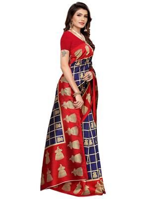 Red printed art silk saree with blouse 3