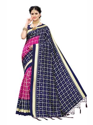 Navy Blue Printed Cotton Silk Saree With Blouse 1