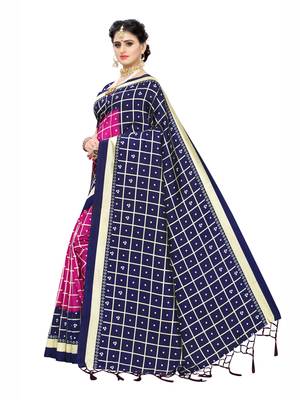 Navy Blue Printed Cotton Silk Saree With Blouse 2