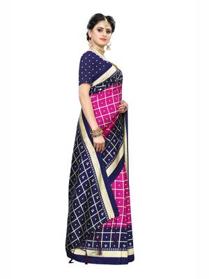 Navy Blue Printed Cotton Silk Saree With Blouse 3