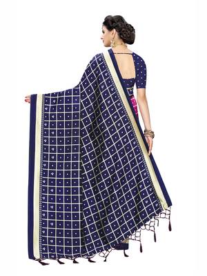 Navy Blue Printed Cotton Silk Saree With Blouse 4