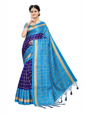 Blue printed cotton silk saree with blouse 1