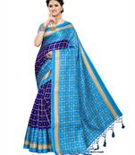 Blue printed cotton silk saree with blouse
