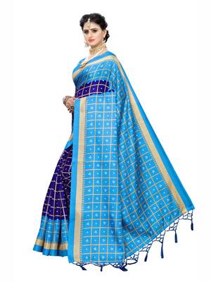 Blue printed cotton silk saree with blouse 2