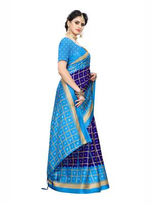 Blue printed cotton silk saree with blouse 3