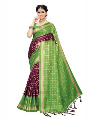 Green printed cotton silk saree with blouse 1