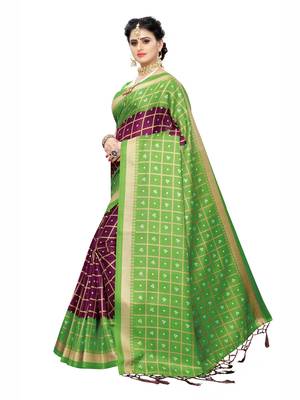 Green printed cotton silk saree with blouse 2