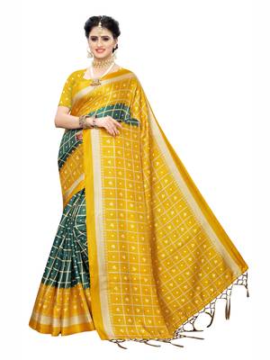 Yellow printed cotton silk saree with blouse 1