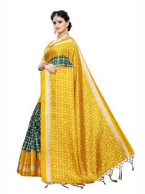 Yellow printed cotton silk saree with blouse 2