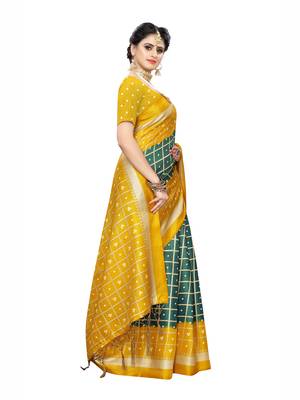 Yellow printed cotton silk saree with blouse 3