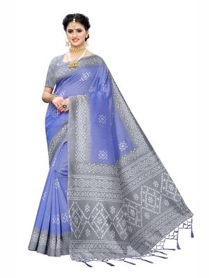 Blue printed poly cotton saree with blouse 1