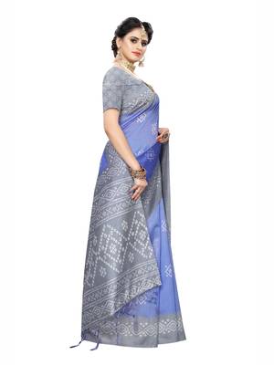 Blue printed poly cotton saree with blouse 3