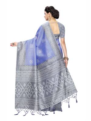 Blue printed poly cotton saree with blouse 4