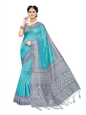 Turquoise Printed Poly Cotton Saree With Blouse 1