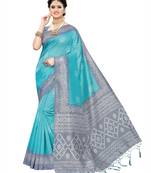 Turquoise Printed Poly Cotton Saree With Blouse