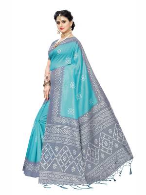 Turquoise Printed Poly Cotton Saree With Blouse 2