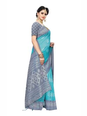 Turquoise Printed Poly Cotton Saree With Blouse 3