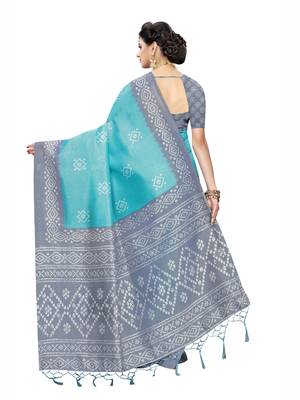 Turquoise Printed Poly Cotton Saree With Blouse 4
