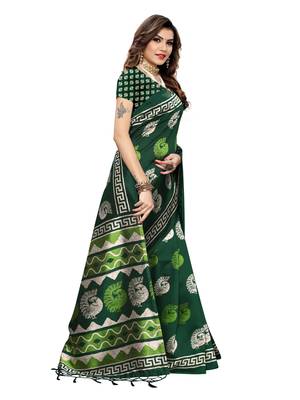 Green Printed Art Silk Saree With Blouse 3