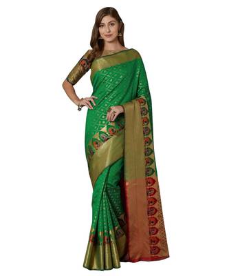 Green Woven Silk blend saree with blouse 1