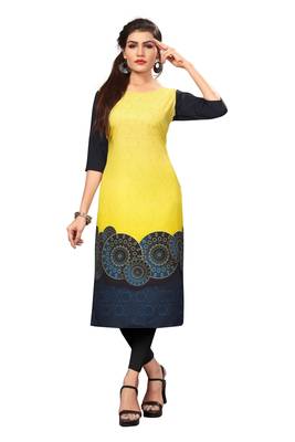 Yellow Color Digital Printed American Crepe Straight Kurti 1