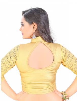 Golden Long Sleeve Lycra Party Wear Stretchable Readymade Blouse with Zip 2