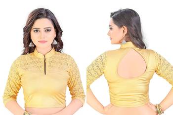 Golden Long Sleeve Lycra Party Wear Stretchable Readymade Blouse with Zip 3