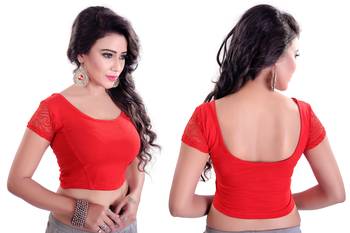 Red Lycra Stretchable Readymade Blouse for Women Short Sleeve  3