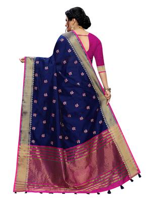 Dark blue embroidered banarasi silk saree with blouse 5