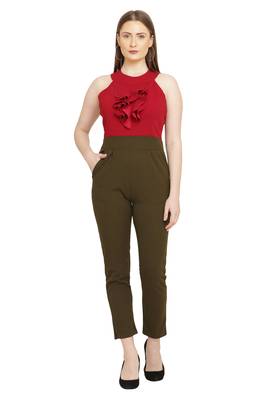 Red and Olive Green Color scuba crepe Fabric Jumsuit 2