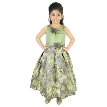 Green Satin And Brocade Frock Style Gown With Embroidery 1