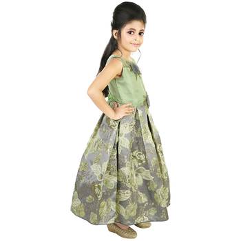 Green Satin And Brocade Frock Style Gown With Embroidery 3
